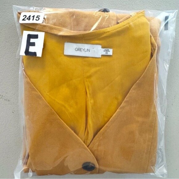 GREYLIN Linen Mustard Button-Down v neck tie waist mini Dress XS - Picture 6 of 6